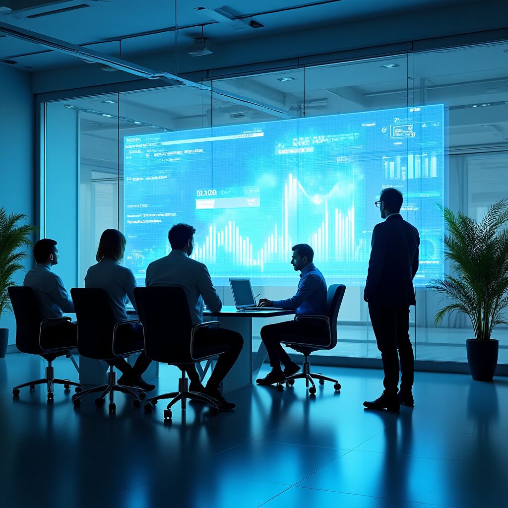 Oficina moderna de FinanzasAR con vista a Buenos Aires