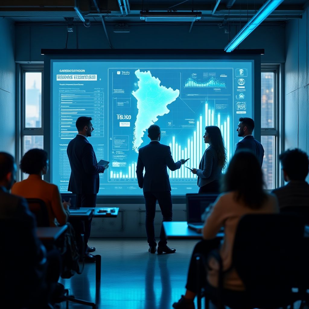Equipo de FinanzasAR trabajando en una oficina futurista